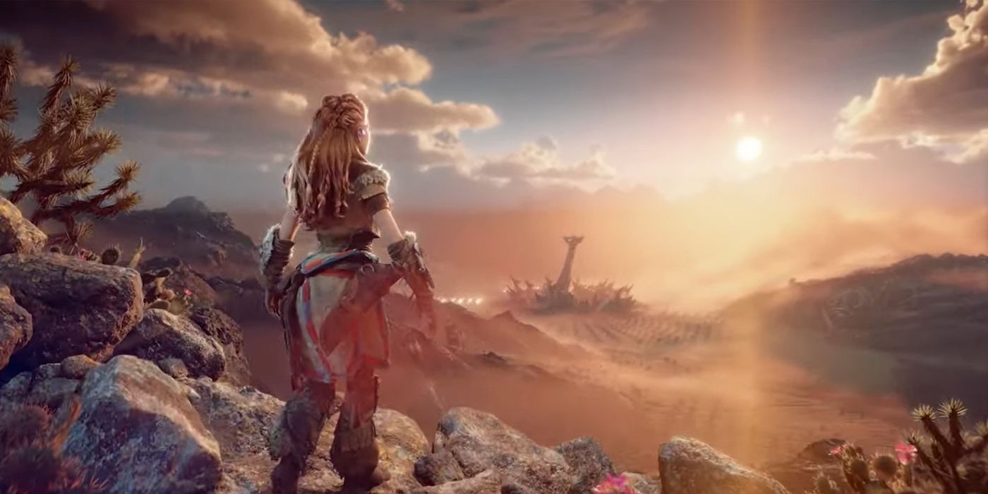 Aloy from horizon forbidden west stares out into the sunset