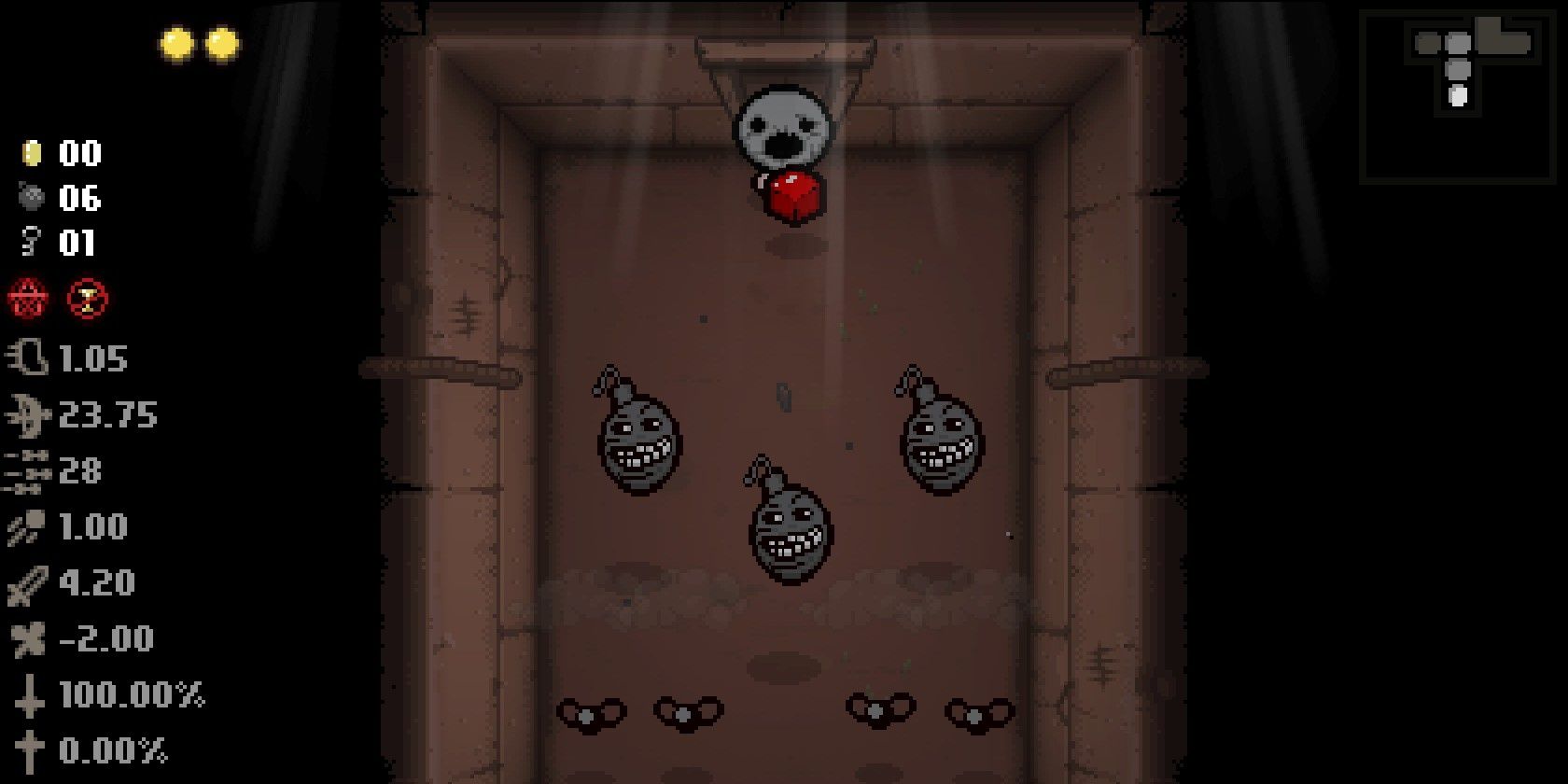 A shot of a room in isaac filled with troll bombs
