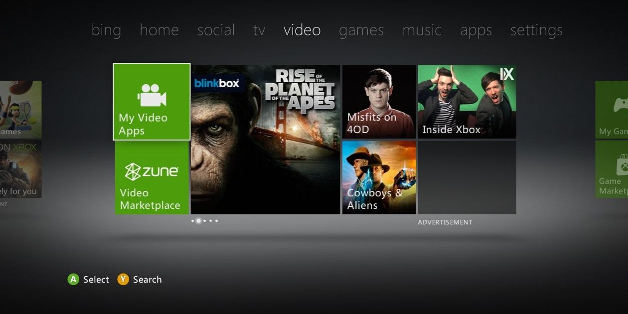 The main menu for Xbox 360