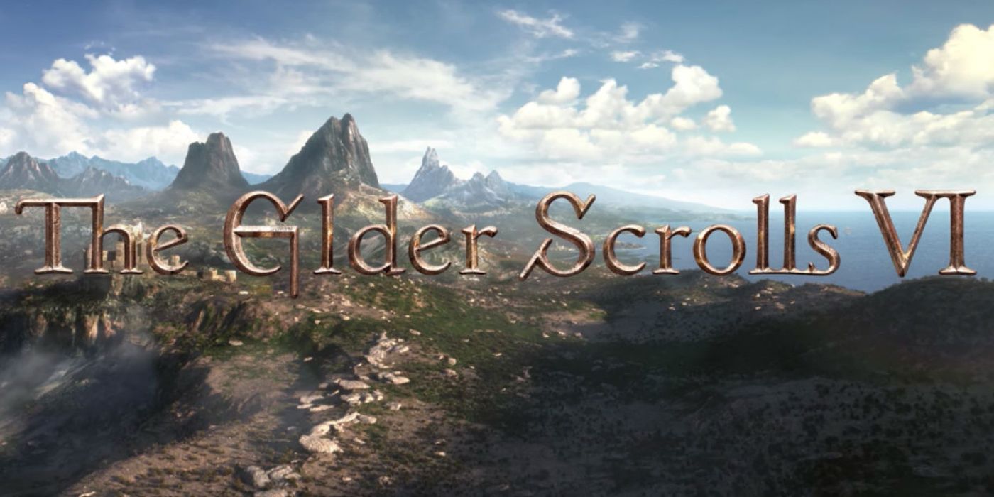 elder scrolls 6 teaser image. the name the elder scrolls VI is shown over a mountanous landscape