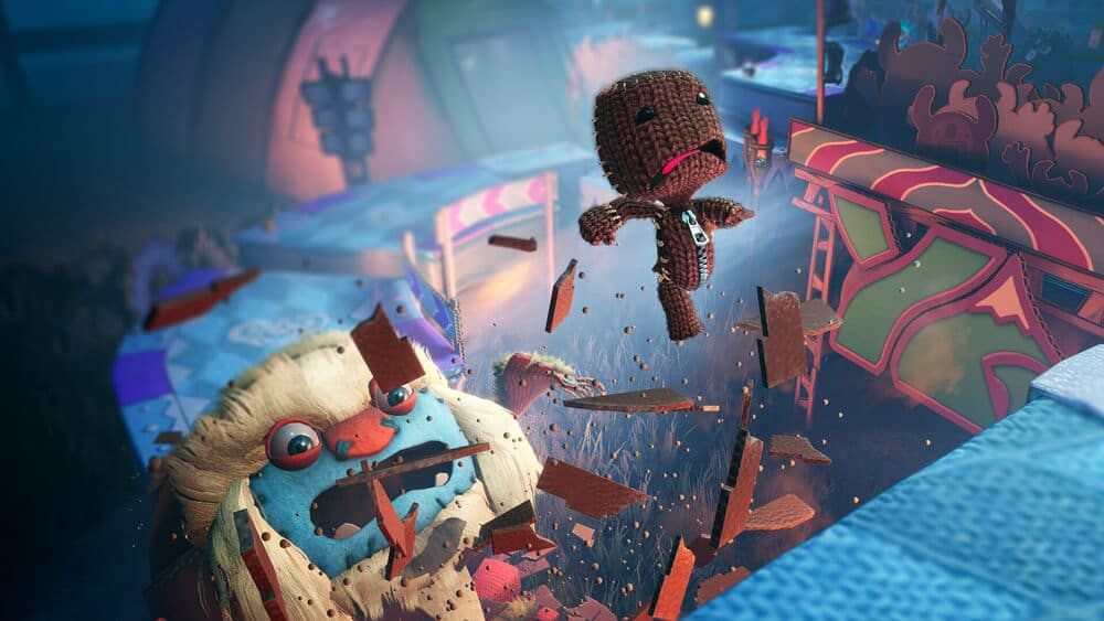 Sackboy jumping to a ledge