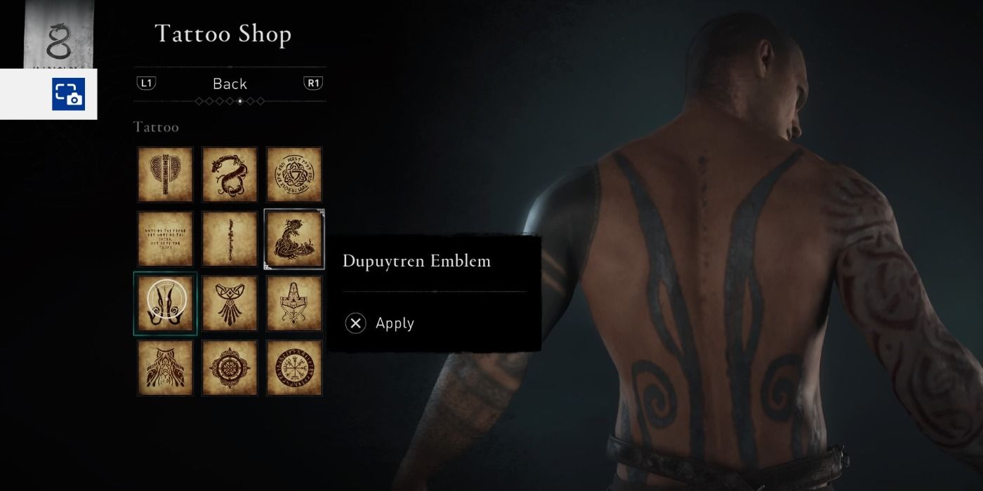 Dupuytren Emblem back tattoo in Assassin's Creed Valhalla