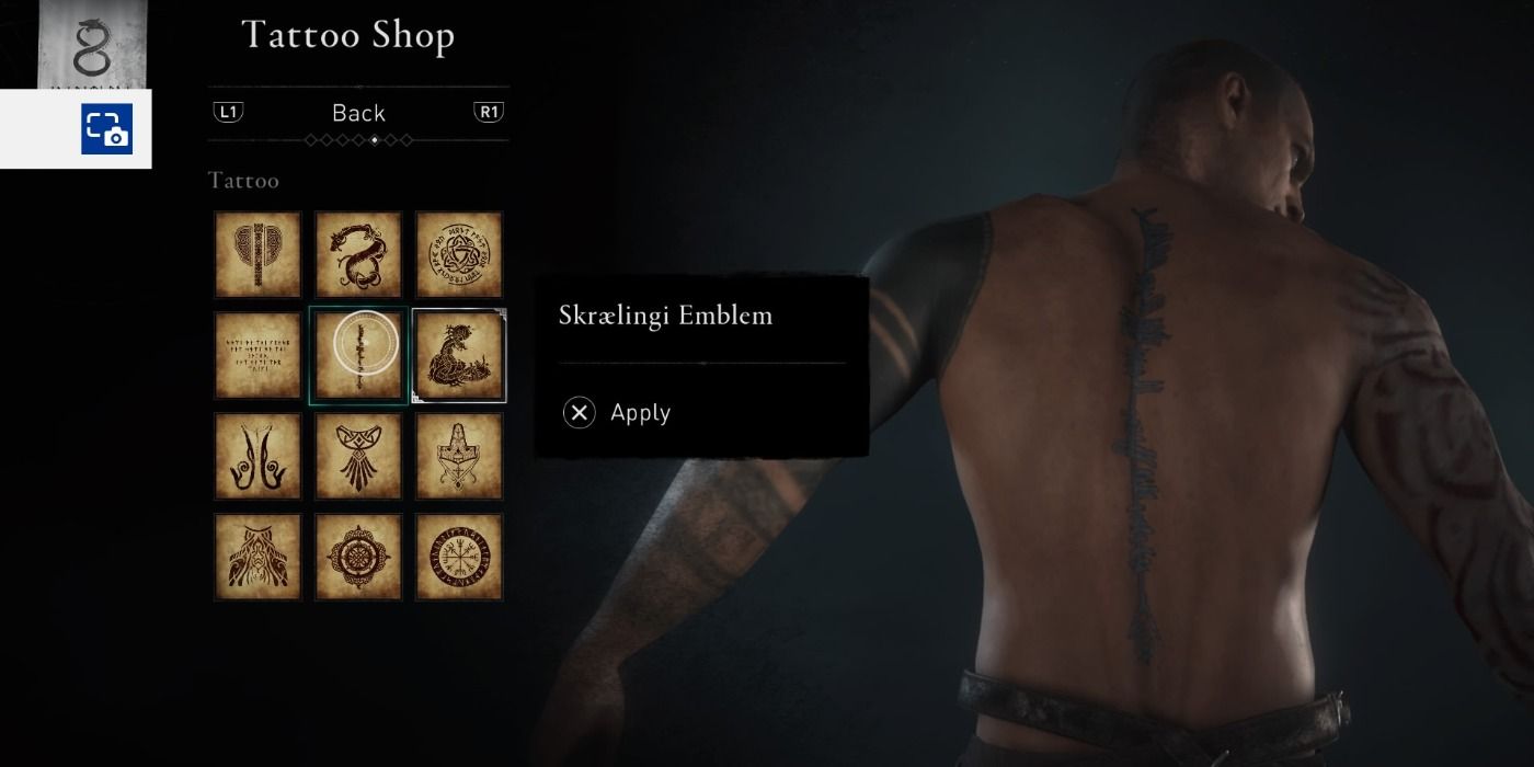 Skraelingi Emblem back tattoo in Assassin's Creed Valhalla