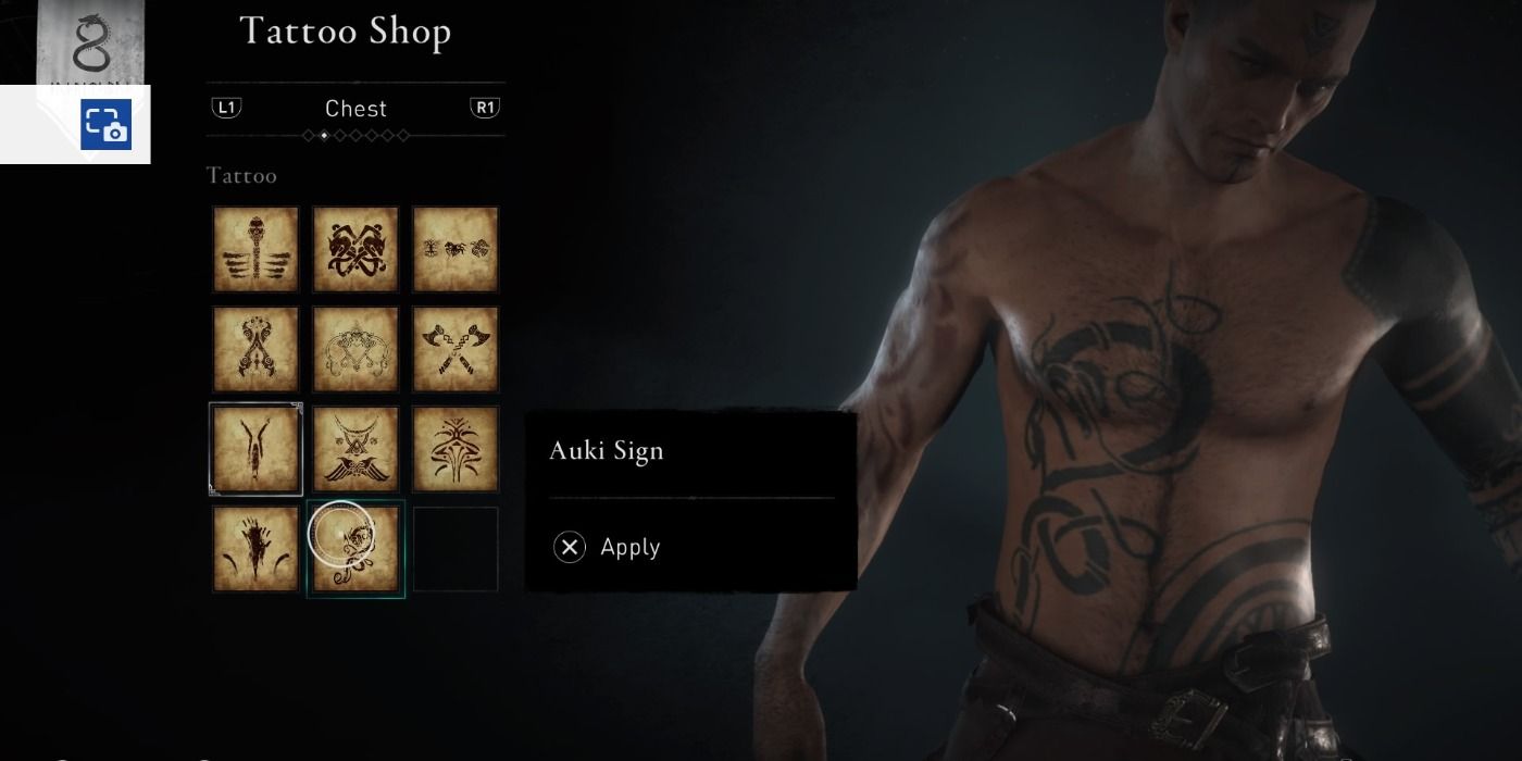 Auki Sign front tattoo in Assassin's Creed Valhalla