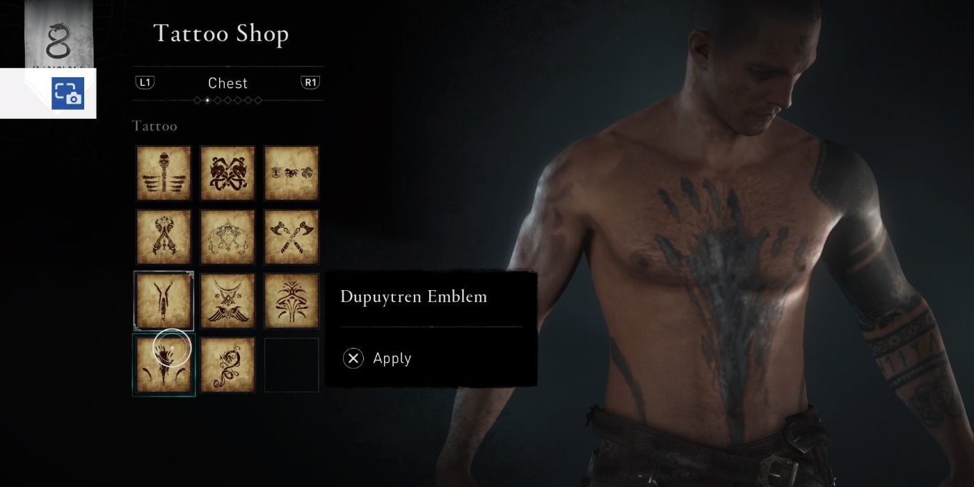 Dupuytren Emblem front tattoo in Assassin's Creed Valhalla