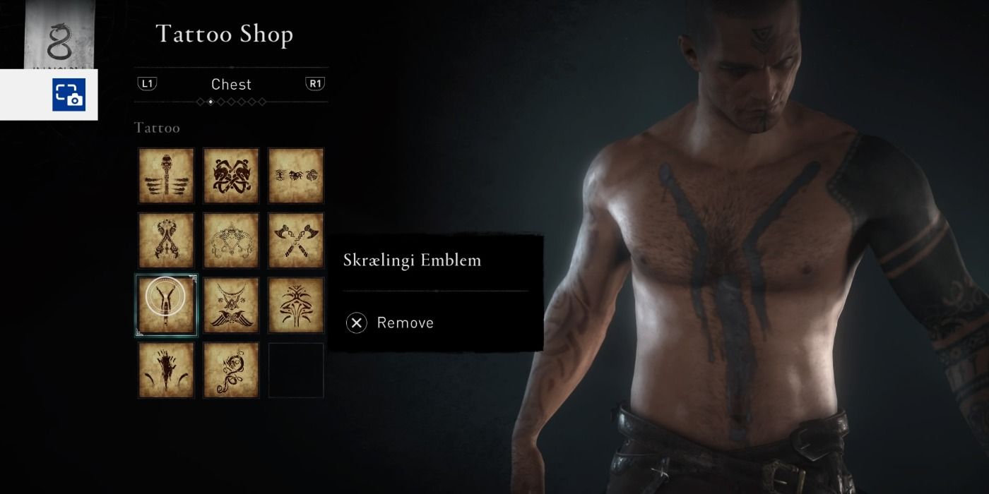 Skraelingi Emblem front tattoo in Assassin's Creed Valhalla