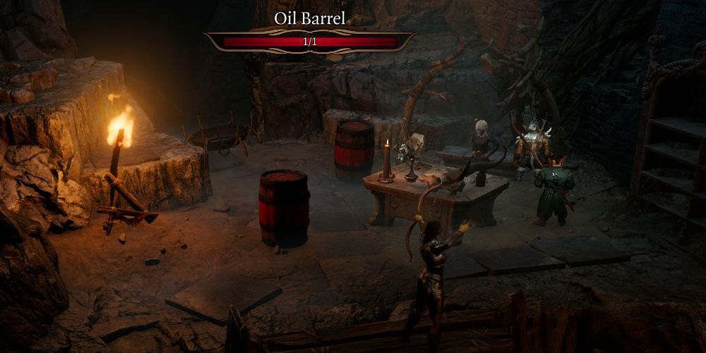 A couple of oil barrels in a cave hideout in Baldur's Gate 3