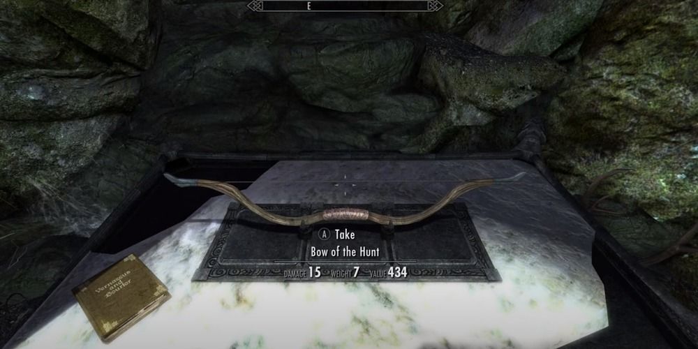 Bow of the Hunt on its pedestal in Skyrim