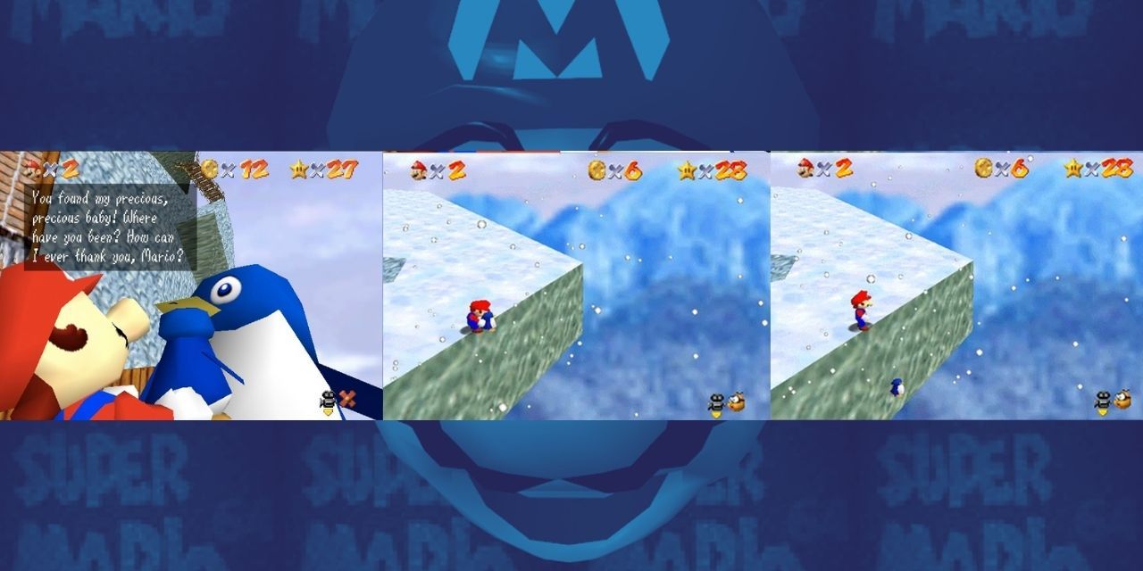 3 panels showing mario throwing baby penguin off cold cold Mountain
