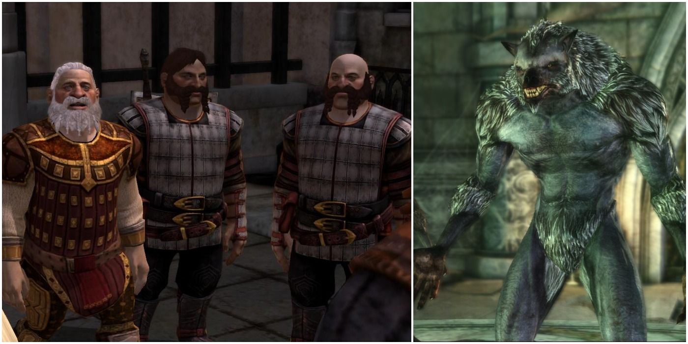 image of Dwarven merchants from Fool's Gold quest in Dragon Age II next to a Werewolf in Dragon Age: Origins