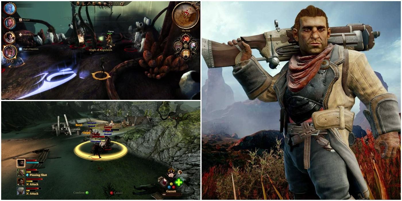 image of Varric Tethras beside combat images from Dragon Age: Origins and Dragon Age II
