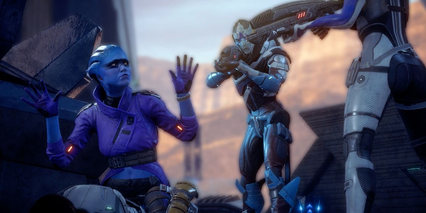 image of Vetra and Cora pointing guns at Peebee in Mass Effect: Andromeda
