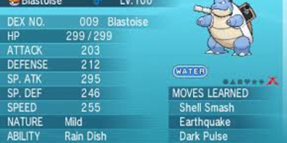 Hidden Ability Blastoise status screen