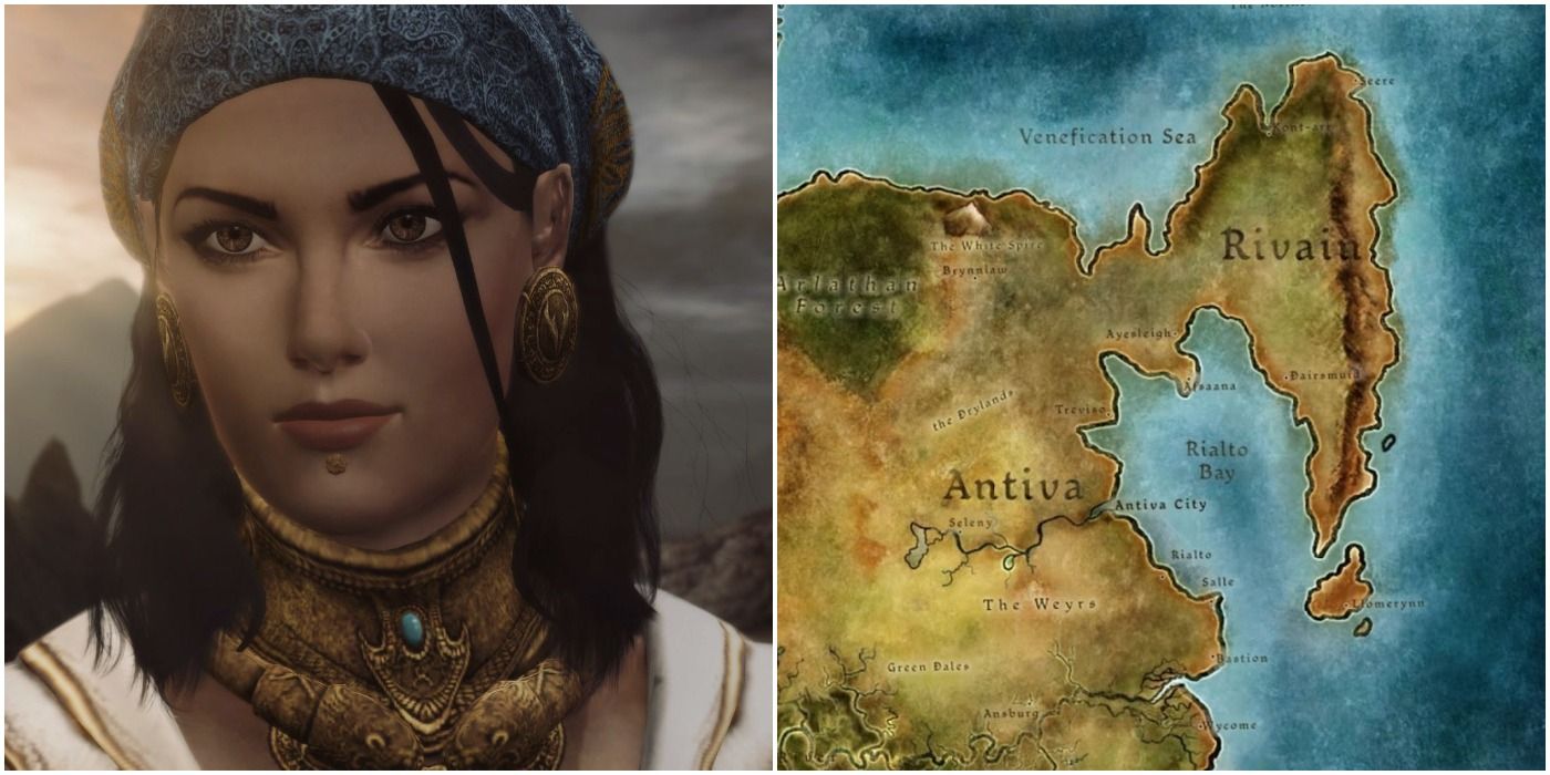 image of Isabela from Dragon Age II next to a map of Antiva and Rivain