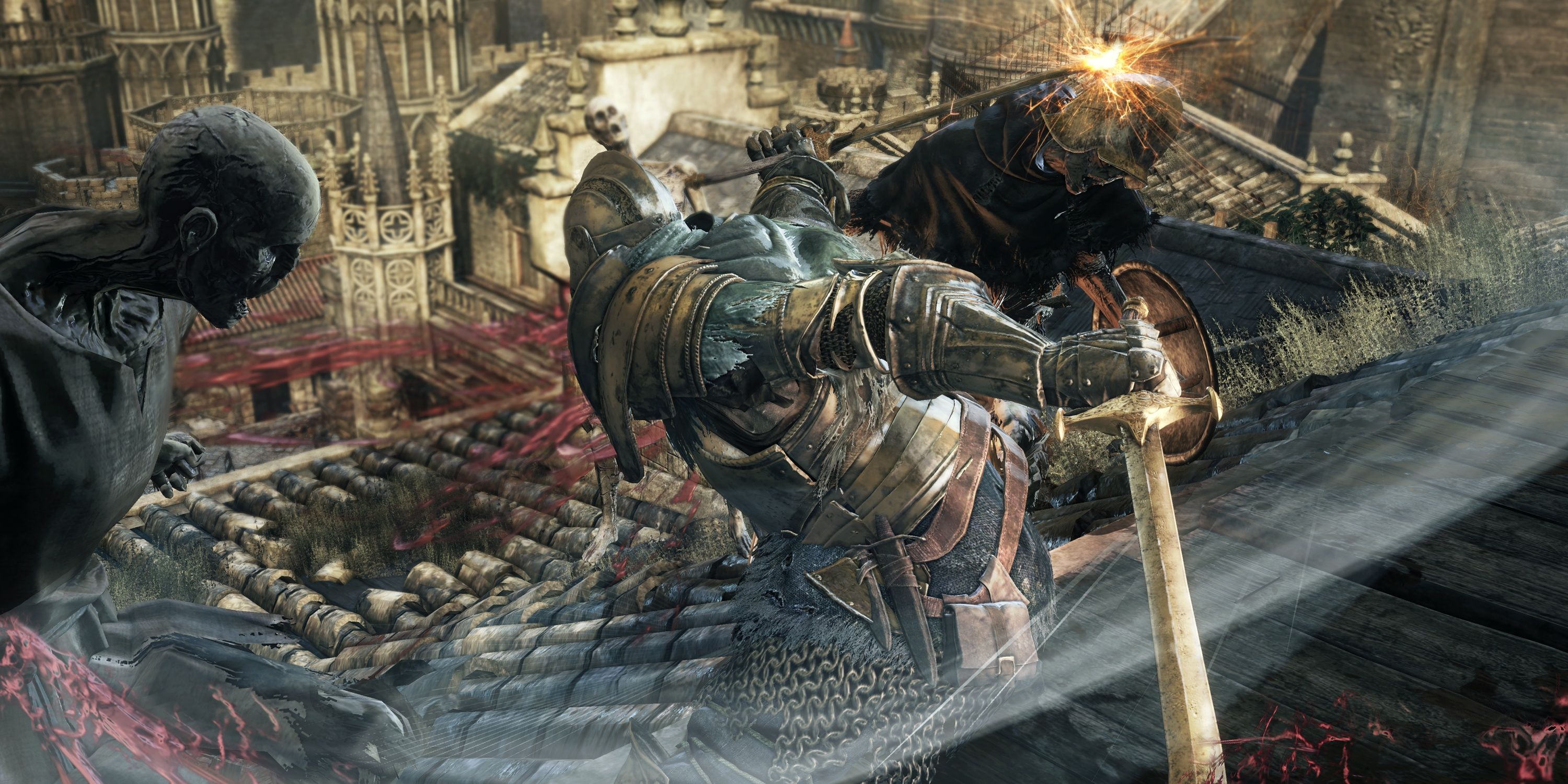 Knight fighting atop Cathedral of the Deep in DS3