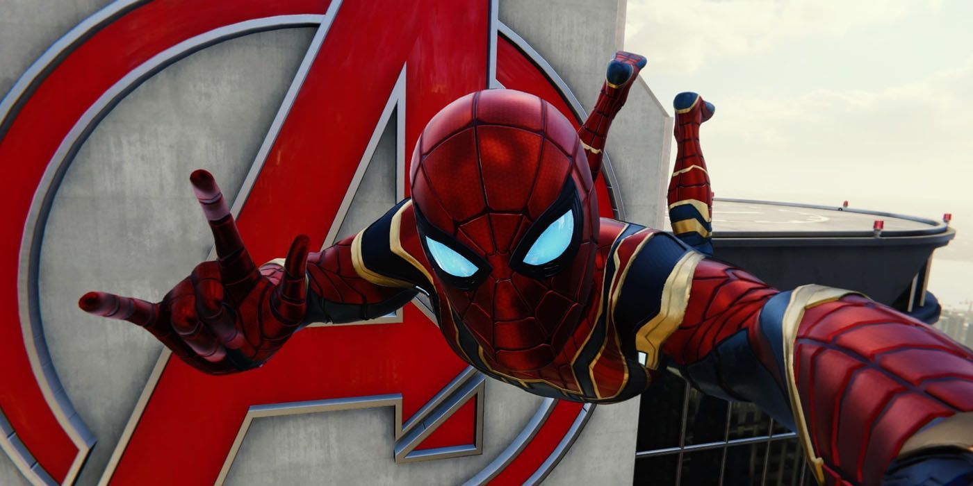 Spider-Man in front of the Avengers Tower.