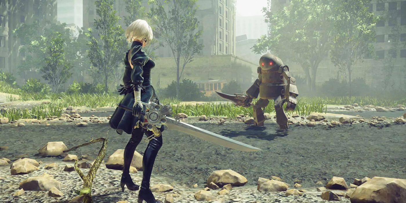 2B Faces Down A Machine In Nier Automata