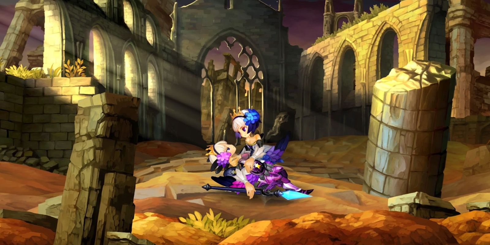 A character holding another in their arms in the ruins of a building
