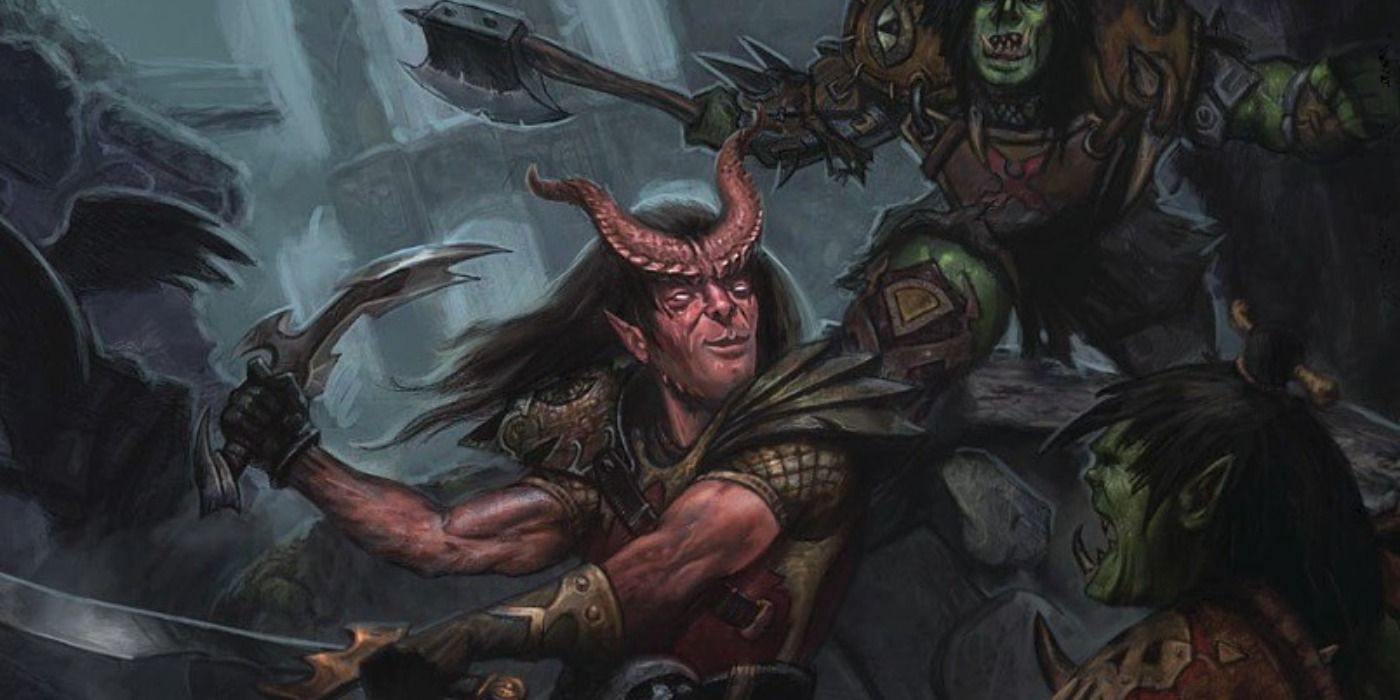 image of a Tiefling smiling and fighting some Orcs from Dungeons and Dragons