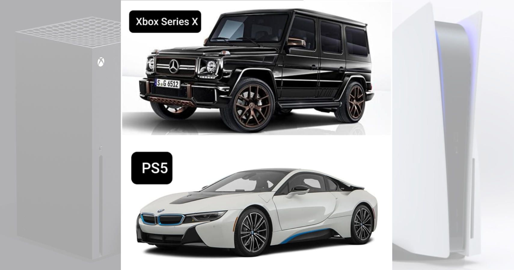 At the top a large black 4 wheel drive with Xbox Series X next to it. The bottom has an image of a white sports car and the words PS5.