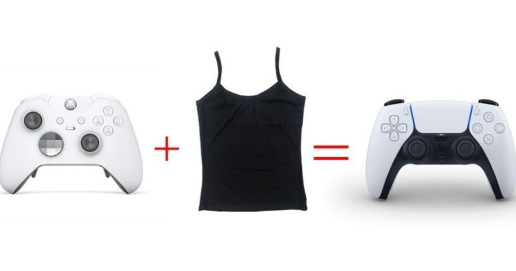 an xbox controller, plus sign, spaghetti straptop, equals sign and a PS5 controller.