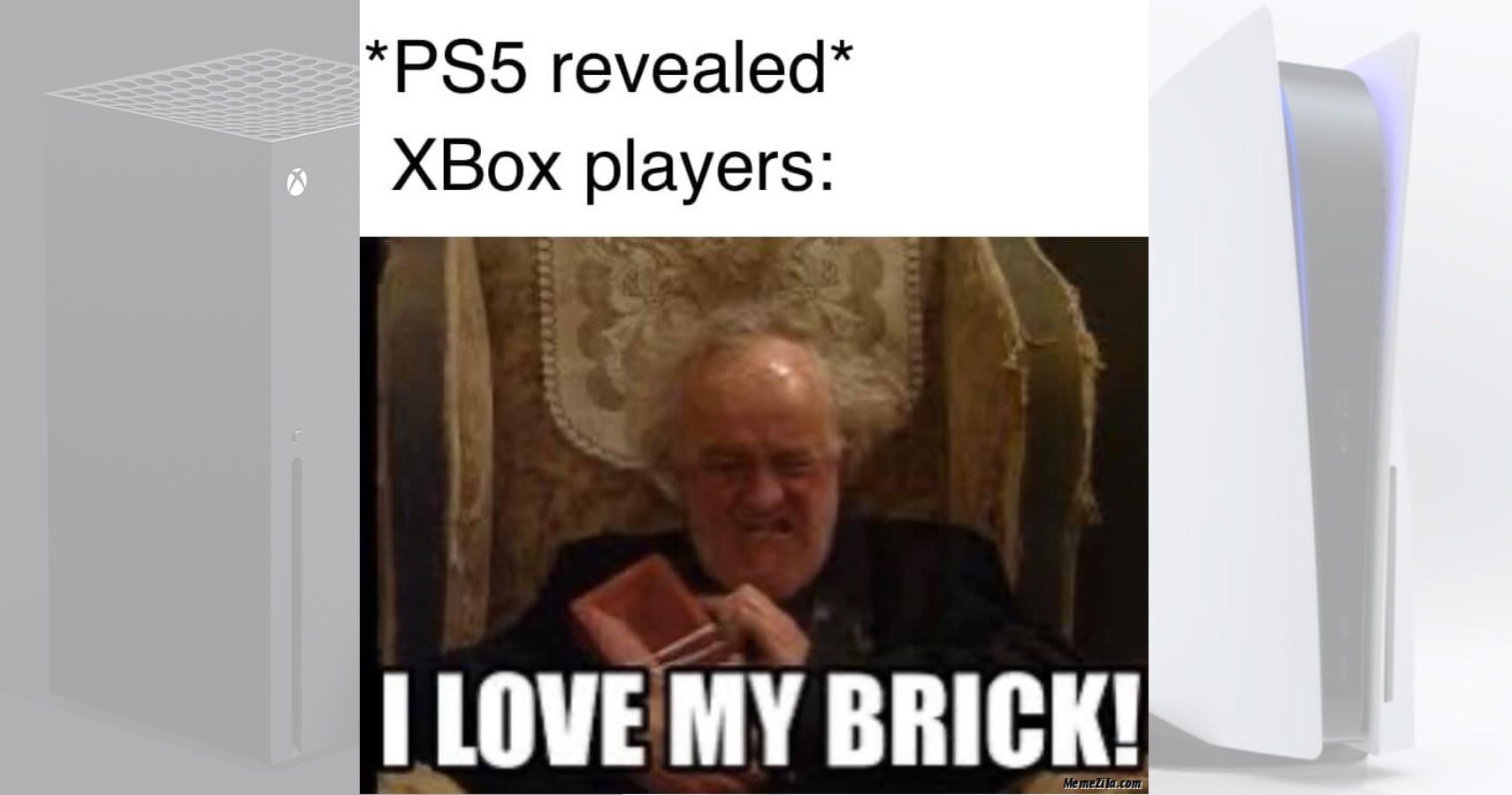 Text reads PS5 revealed. Xbox Players... below is Father Ted's Father Jack holding a brick with text that reads I love my brick.