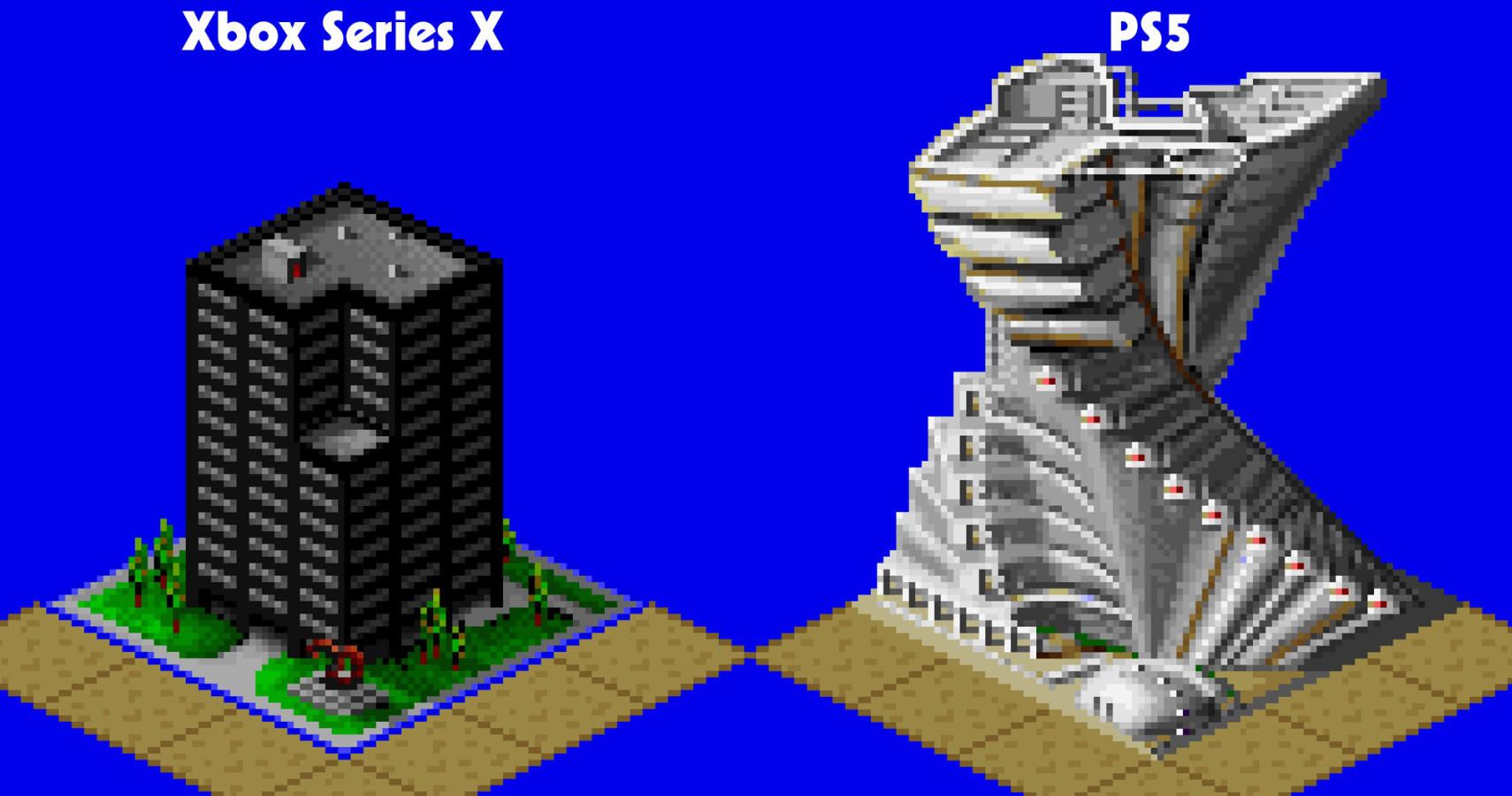 Sims City buildings. A black rectangular office building with Xbox Series X above it and a modern swirled whiter building with PS5 above it.