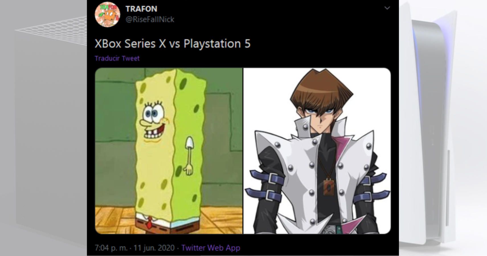 The text reads Xbox Vs PlayStation 5 and the image is an elongated Spongebob Squarepants next to Seto Kaiba from Yu-Gi-Oh!