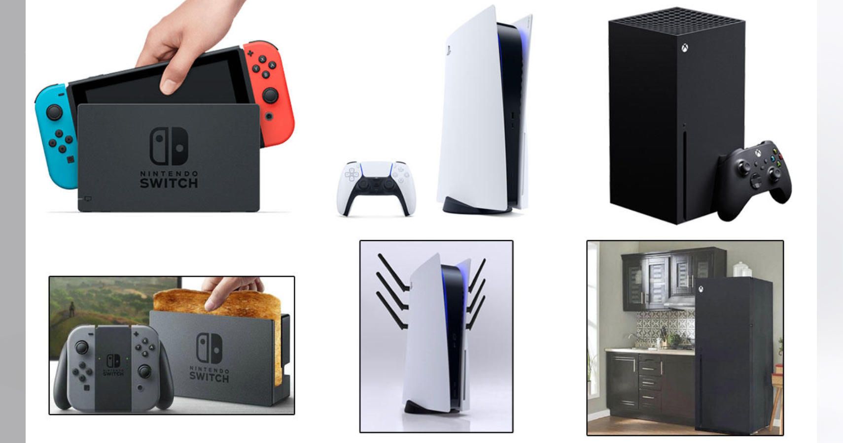 Console comparisons. A switch above the dock being used as a toaster, a PS5 above the console with wifi antennas and a Series X above a photo of the console as a fridge.