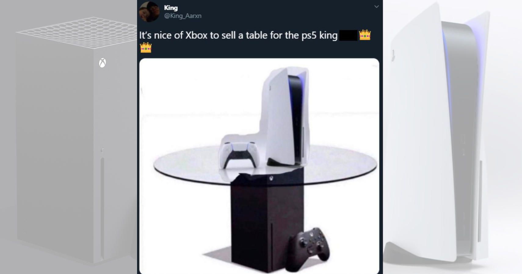 An Xbox Series S on the floor with a glass top above it. On this is a PS5. Text reads "It'sa nice of Xbox to sell a table for the PS5 king"