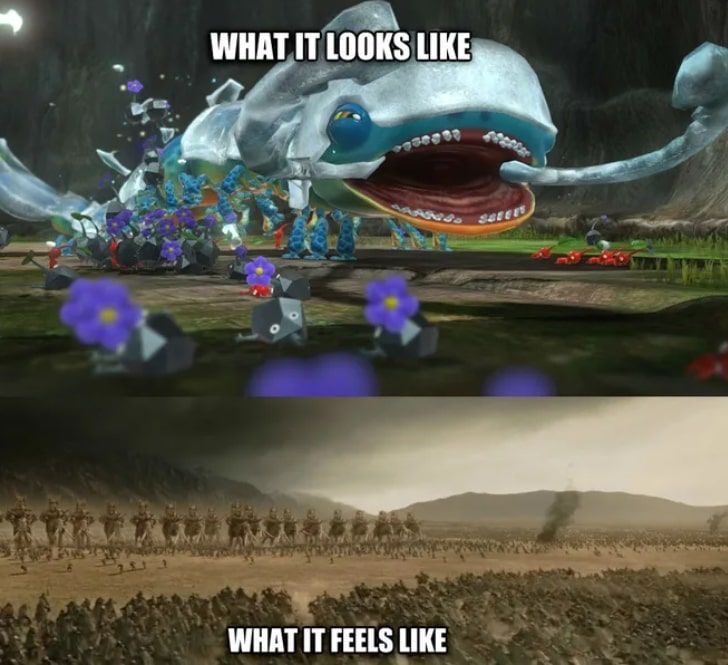 Armored Mawdad battle compared to Spartan Battle Pikmin 3 Deluxe Meme