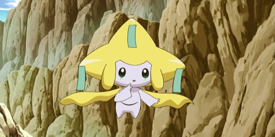 Jirachi in a rocky canyon in the Pokemon Anime
