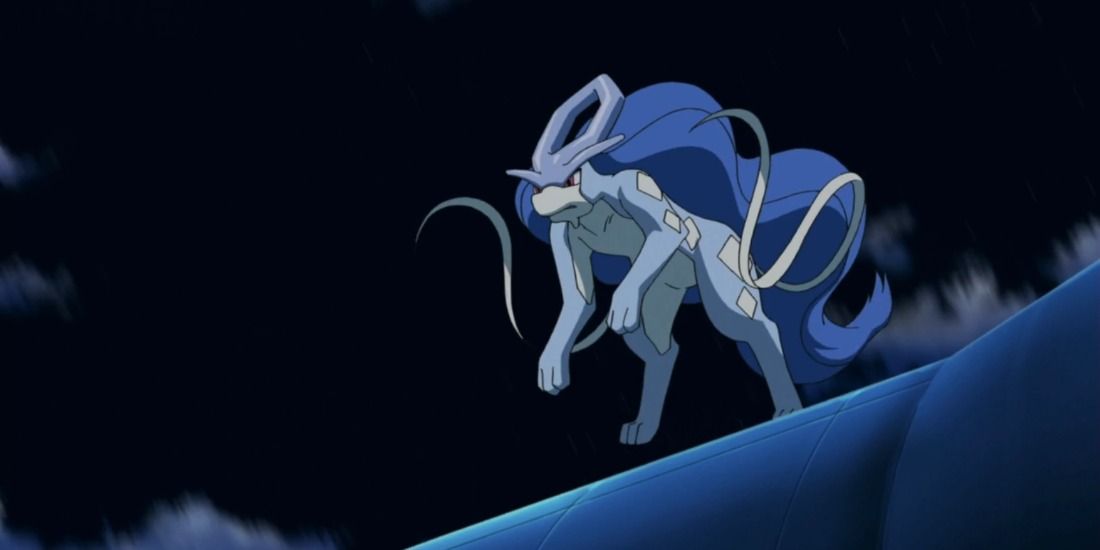Shiny Suicune about to descend on an opponent in the Pokemon Anime