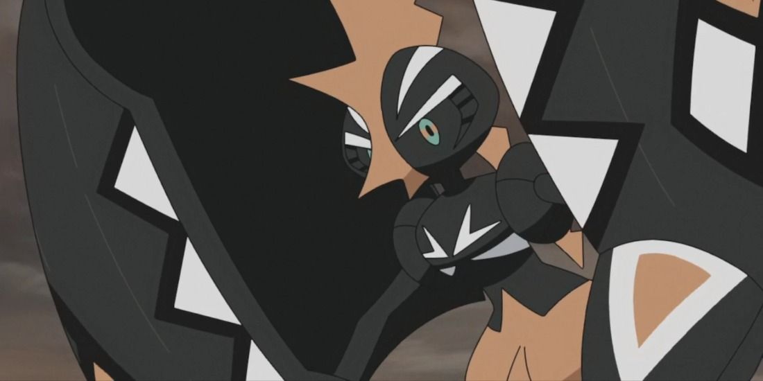 Shiny Tapu Koko looking over a dark sky in the Pokemon Anime