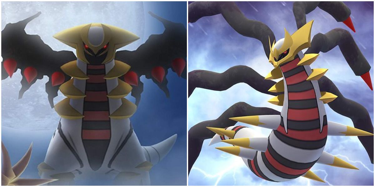 Pokemon Giratina Origin and Regular Forms on Foggy Background