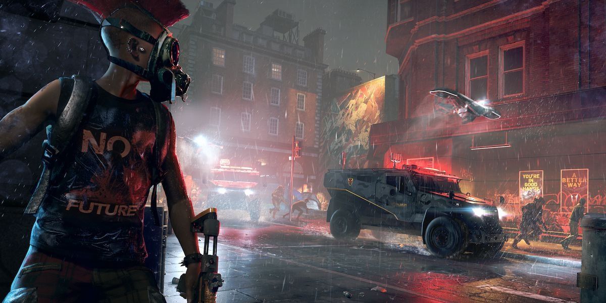 A punk character scouts the territory and enemies with a patrol car in the background