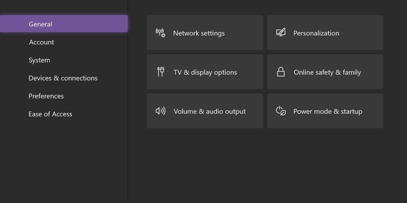 The settings and its respective tabs from the Xbox series x
