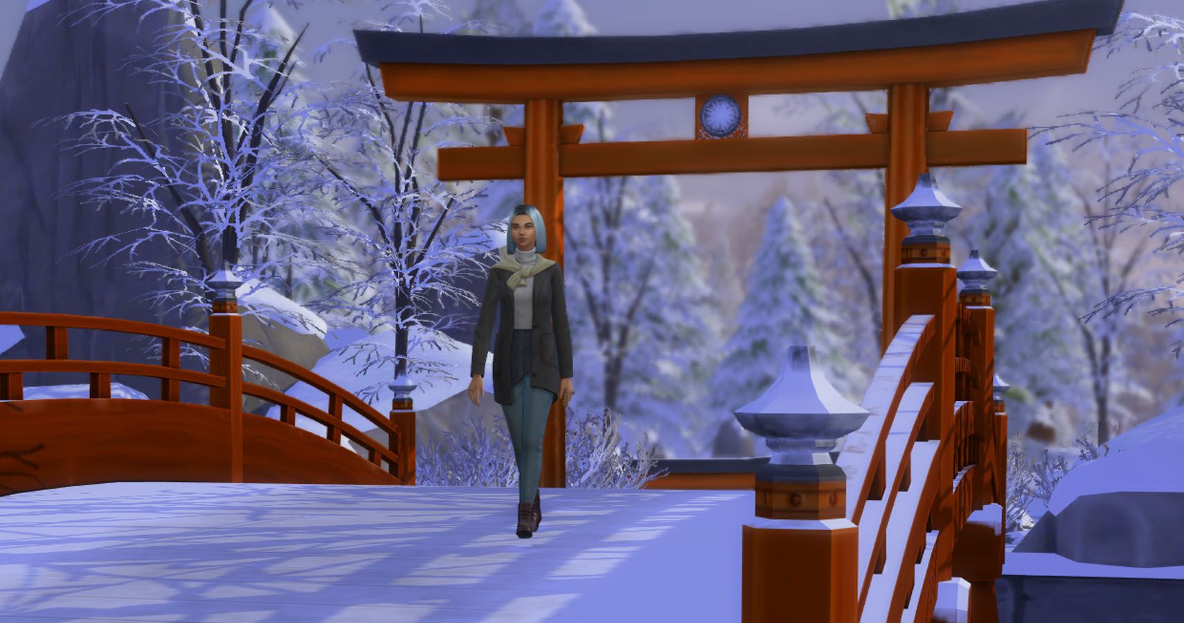 A sim walking over a bridge.