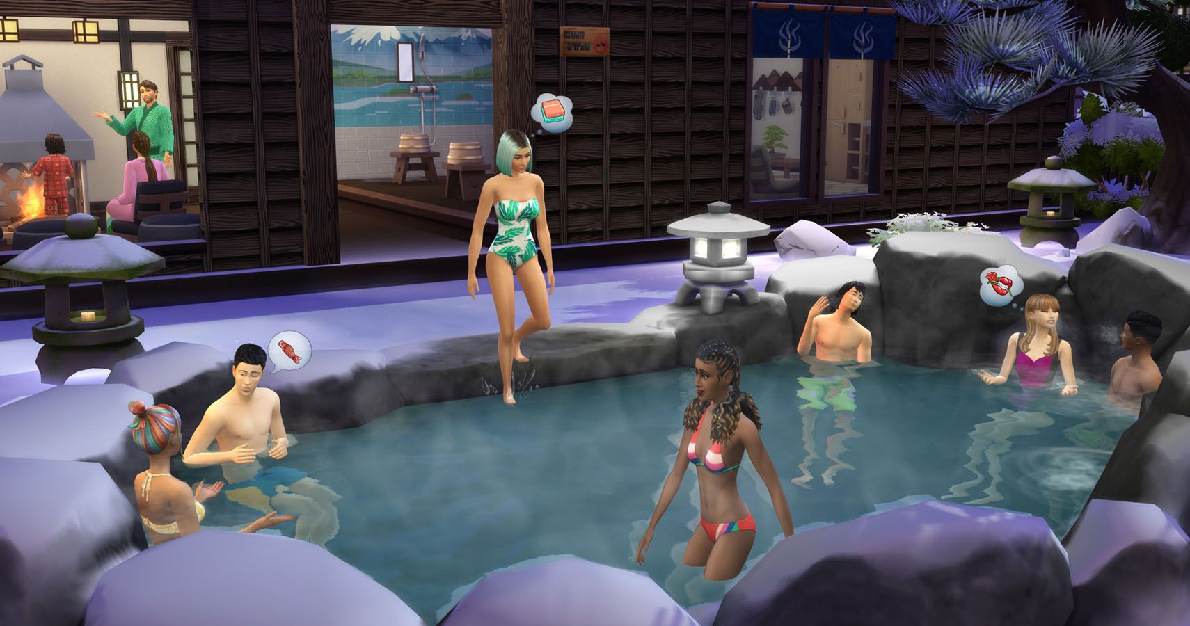 Sims in the hot spring outside the new onsen