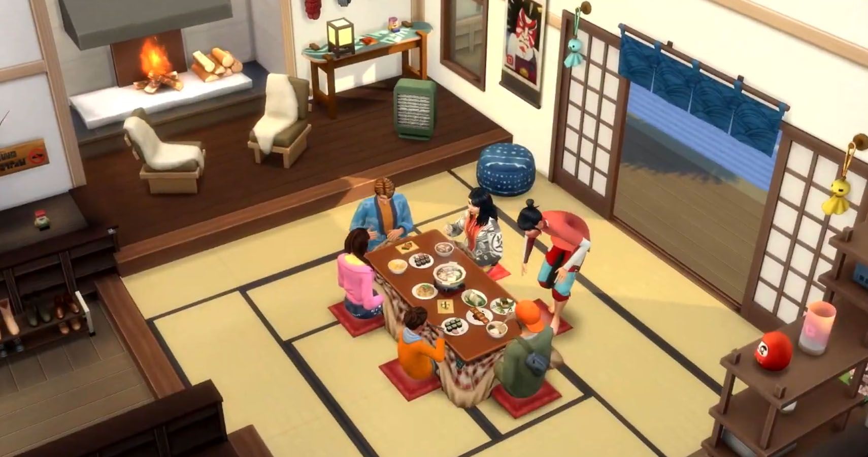 sims eating together in traditional Japanese home with sunken seating area