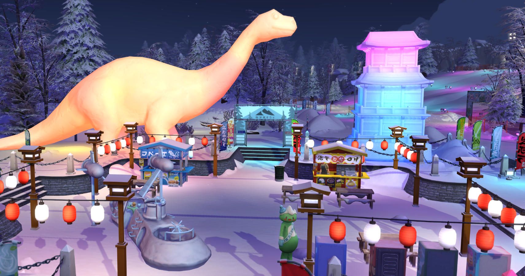 a glowing dinosaur and pagoda as well as some stalls at the snow festival.