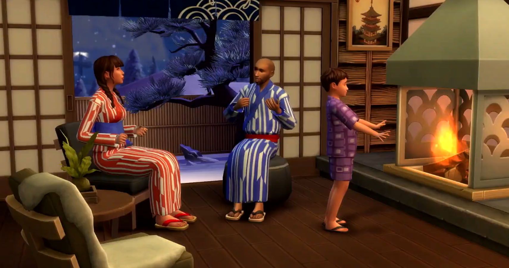 a sim family at home. mom and dad sitting down while a child warms themself by a fire.