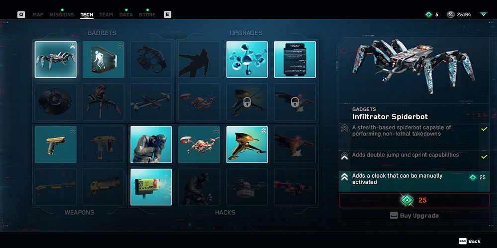 The gadets and tech tab with the spider-bot