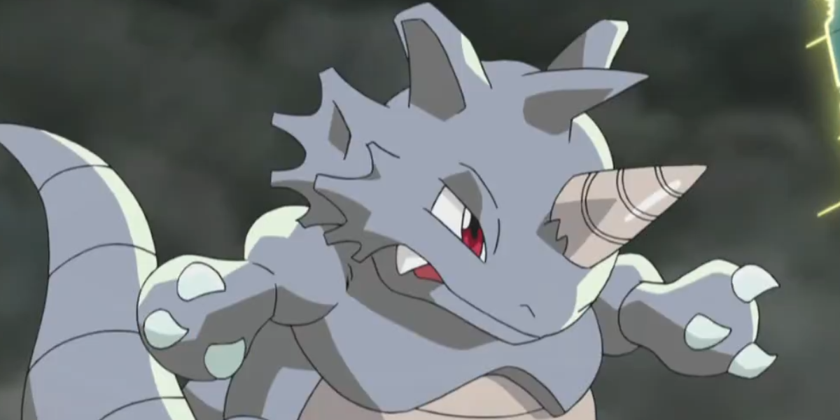 Rhydon, one of the first Pokemon created in Gen 1, as it appears in the anime