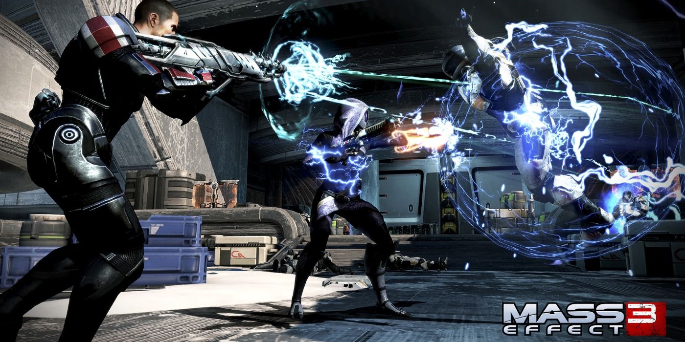 image of a male Shepard and Tali fighting Cerberus soldiers from Mass Effect 3