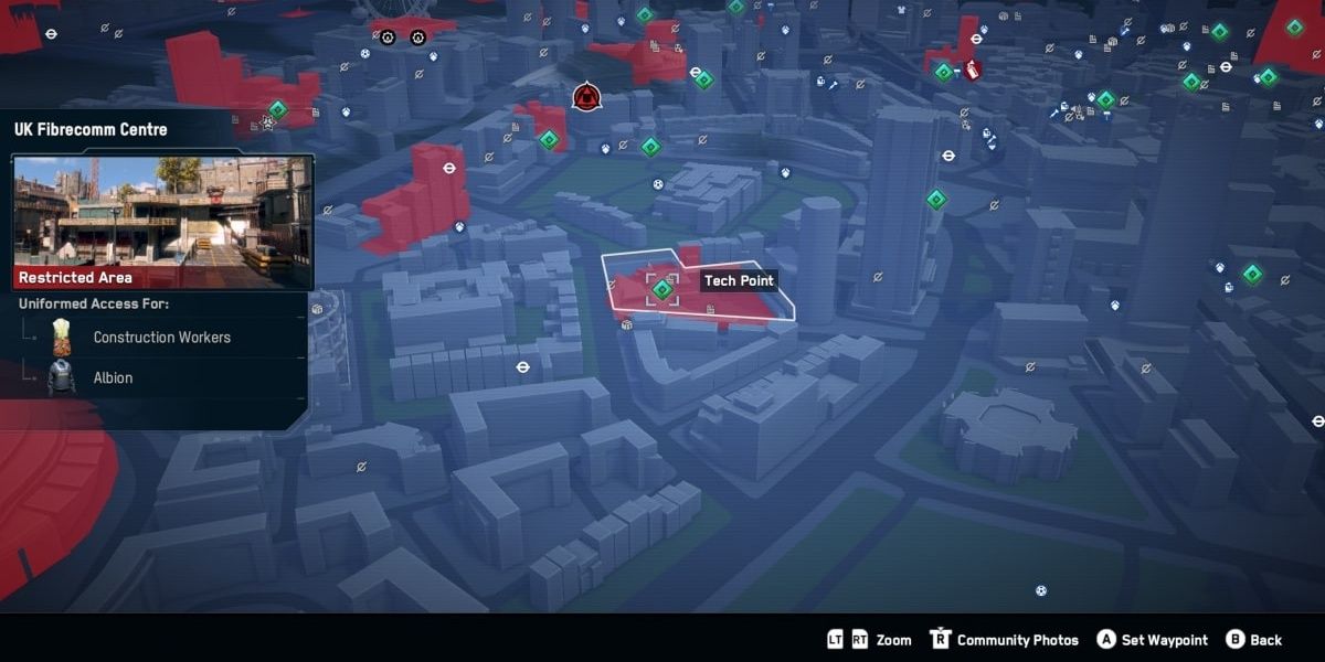 A map of Watch Dogs: Legion with the green diamond-shaped tech point