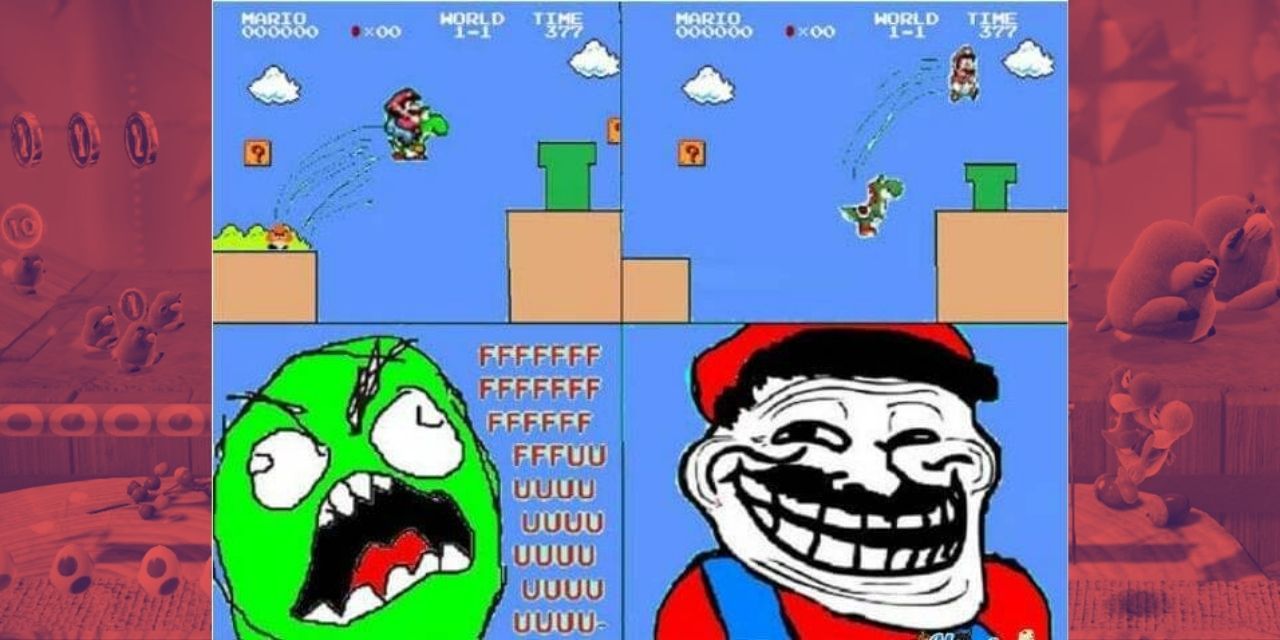 A rage face shouting about Yoshi falling from cliff