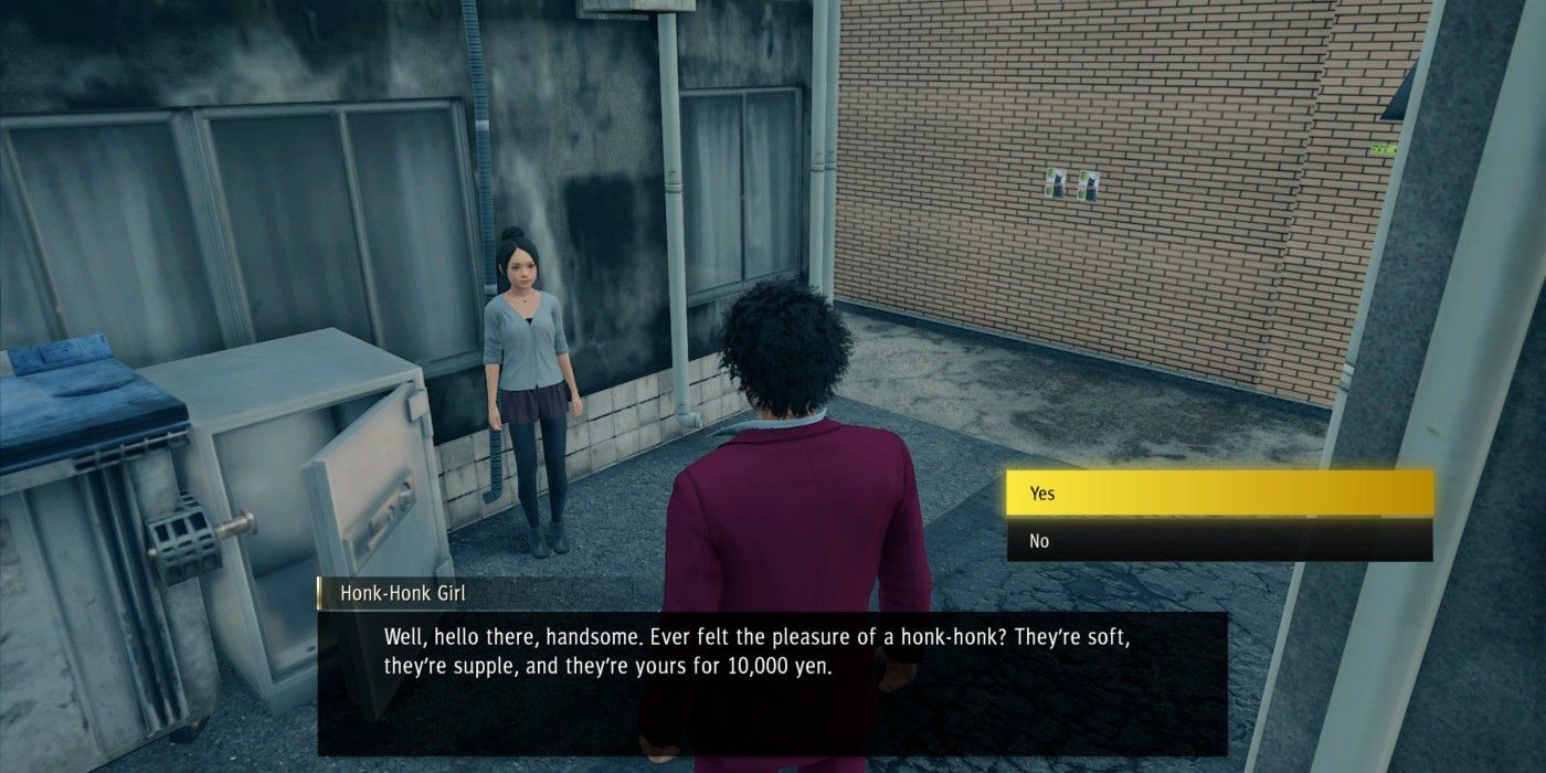 Ichiban talking to a character in an alley