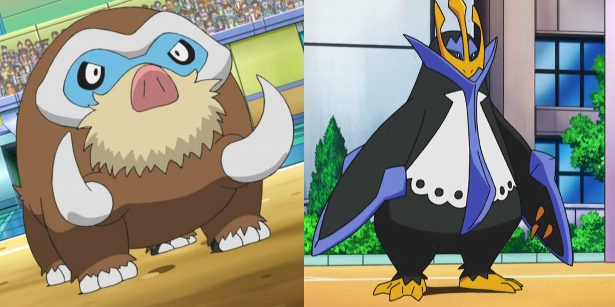 split image of Mamoswine and Empoleon, both on the battle field