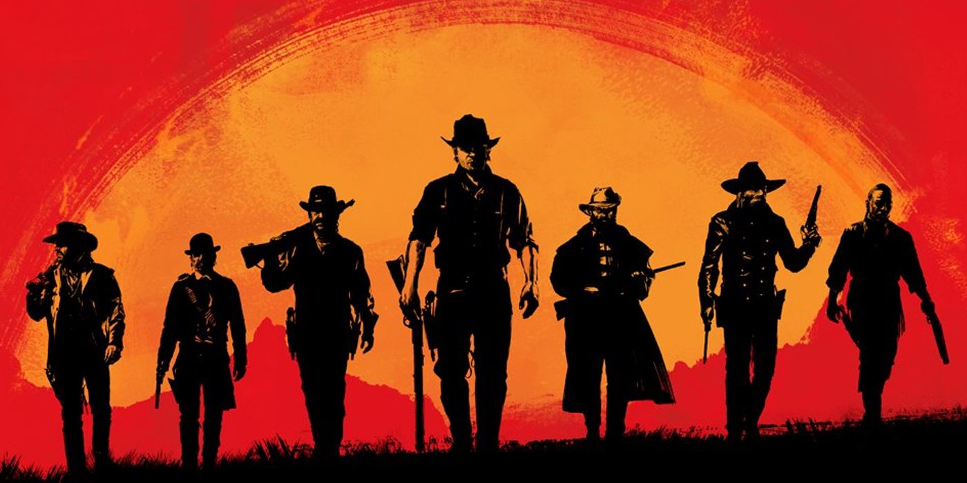 A promotional art of RDR 2 with the whole Dutch gang walking in a perfect line in a red and orange background.